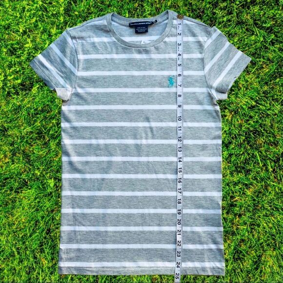 Ralph Lauren Heather Gray and White Striped Cotton Tee with Turquoise Logo - Picture 8 of 10